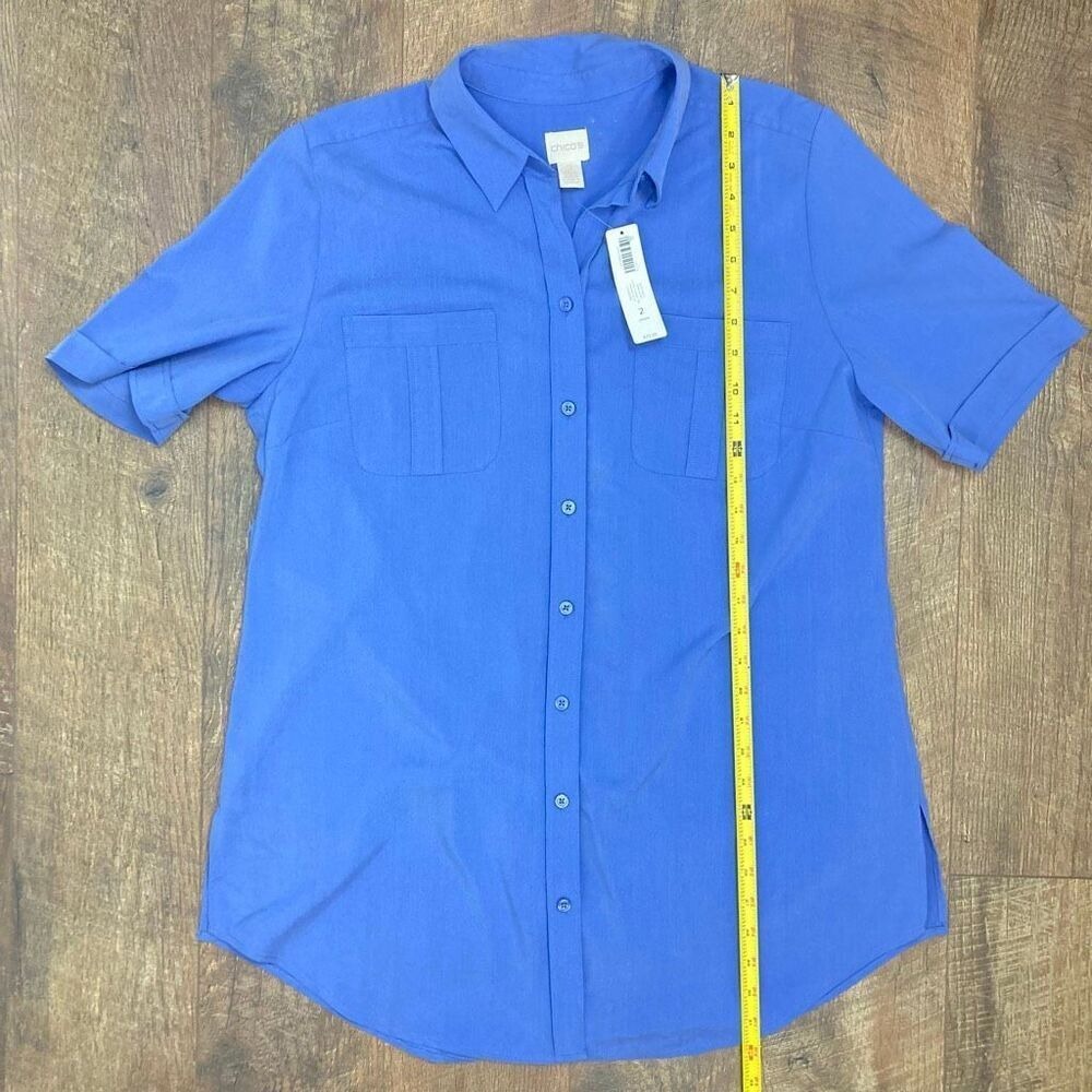 Chico's Silky Soft Long Shirt Button Front Short Sleeve Top Smokey Blue sz 2/ L - Picture 7 of 8